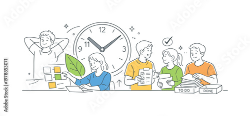 Overwork recovery and balance scenario showing individuals recognizing limits and reorganizing tasks to restore healthier work habits in a calm environment, using a clock