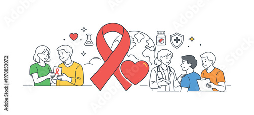 World AIDS Day community support and education activities focused on prevention and care, visualized through a central red ribbon and a simple heart symbol as the main