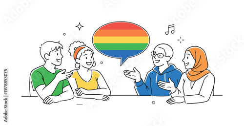 A social interaction scenario where diverse characters express individuality through subtle visual differences and engaging body language, depicted through a simple scene