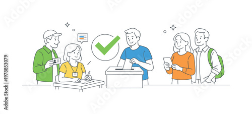 A civic participation scenario where citizens take part in a democratic voting process at a polling station, shown through a small group interacting near a simple ballot