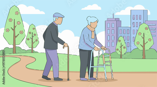 Elderly couple walking with mobility aids in an outdoor city park