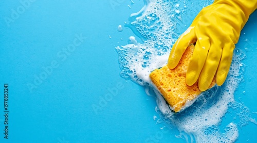 Cleaning a Yellow Sponge With Soapy Water on a Blue Background