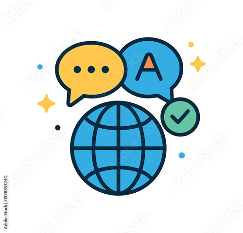 Global multilingual communication emphasizing international collaboration and cross-cultural exchange, a globe connected with two speech bubbles and a small checkmark