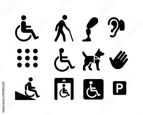 Disability and accessibility: wheelchair, walking cane, prosthetic leg, hearing aid, braille dots, accessibility symbol, service dog, ramp access, elevator lift, support