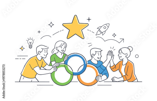 A team synergy and collaborative energy scene showing a small group working together around a large connected circles symbol and a star, using a clean visual metaphor of
