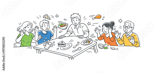 Food fight chaotic social moment scene showing a small group of people experiencing an unexpected messy situation during a shared meal while reacting and restoring order,