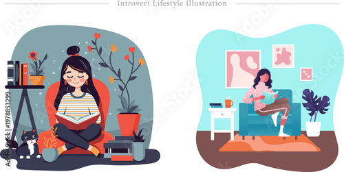 Introvert Lifestyle Flat Vector Cozy Reading Home Solitary Hobby Illustration