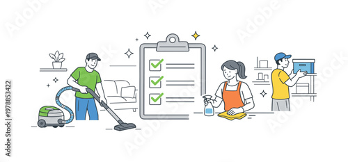 Cleaning service home maintenance concept featuring workers organizing and sanitizing spaces efficiently in a modern setting, using a vacuum cleaner and a single