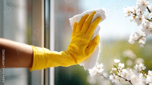 Person Cleans Window With Yellow Cloth and Gloves in a Bright Space With Flow...