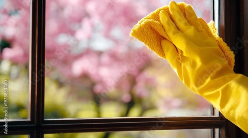 Cleaning a Window With a Yellow Cloth While Cherry Blossoms Bloom Outside in ...