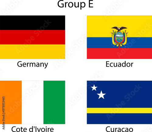 National flags of Germany Ecuador Cote d'Ivoire and Curacao set 2:3 ratio. Football championship group E countries.