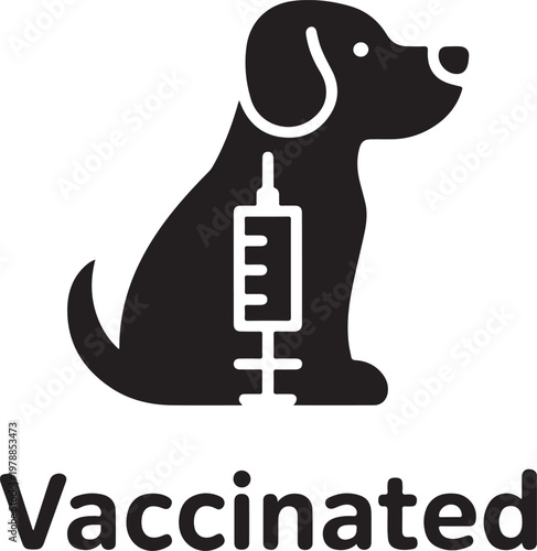Black dog icon with syringe and vaccinated text animal