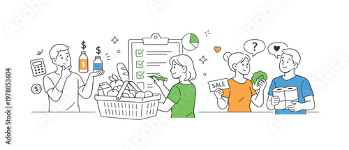 Grocery shopping budgeting concept illustrating individuals comparing options and making cost conscious decisions while planning household needs, using a basket and a