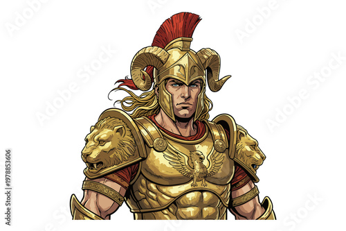 Head of historical figure, Alexander the Great, young Greek Warrior in armor and helmet