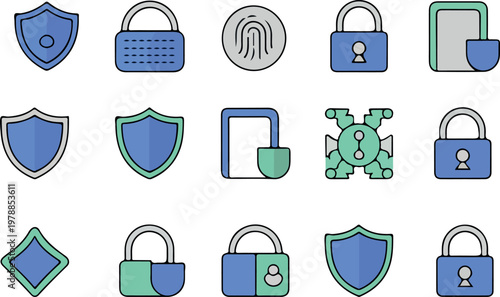 Blue and green security icons shields locks fingerprint and network
