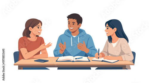 A group of students engaging in an active classroom discussion in an educational setting, represented by three students sitting around a simple table with a shared