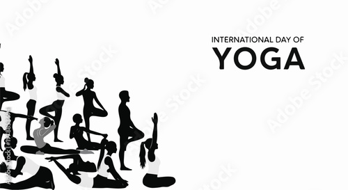 International Day of Yoga vector illustration showcasing diverse people in various yoga poses, promoting wellness and mindful movement.
