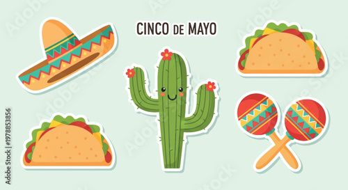 Cinco de Mayo icons, Mexican food symbols, taco cactus maracas vector set