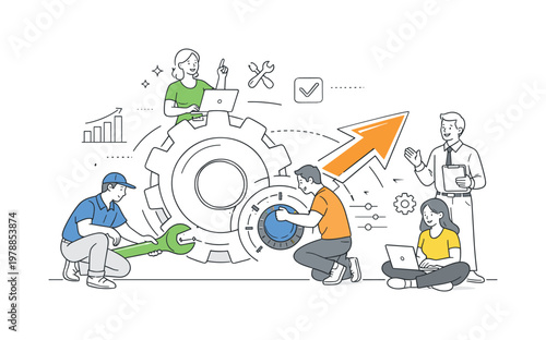 A system performance optimization and tuning scene showing a small team improving operations around a large gear and a speed arrow, using a clean visual metaphor of fine