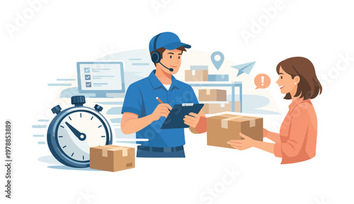 A fast-paced express service scenario where a worker efficiently handles urgent customer requests in a streamlined environment, representing speed, reliability, and
