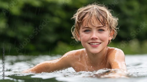 Child Swims in Water With Smile During Warm Day in Natural Setting