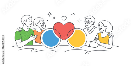 Community connection and social well-being in a lifestyle setting where diverse individuals share positive experiences and emotional support, illustrated by a group of