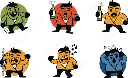 Cartoon illustrations of men with bottles in various emotional states