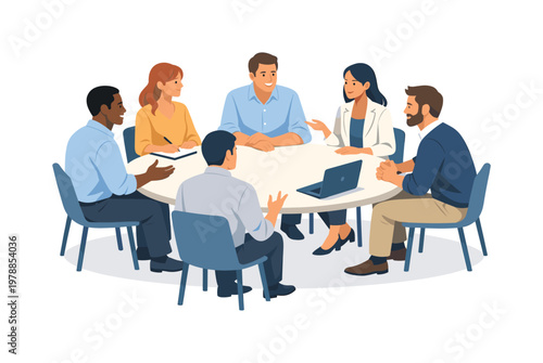 A group of professionals sitting together in a meeting discussing ideas and aligning on decisions in a modern workplace environment, representing communication and