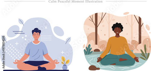 Calm Peaceful Moment Flat Vector Mindfulness Meditation Mental Wellness Illustration