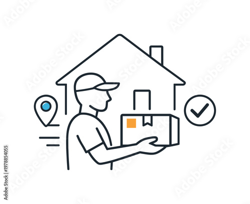 Last-mile delivery and doorstep service in e-commerce fulfillment, a courier hand holding a package near a simple house outline symbolizing direct delivery and