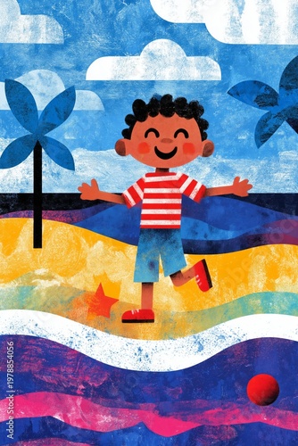 Boy Enjoys Sunny Beach Day While Playing and Smiling by the Water