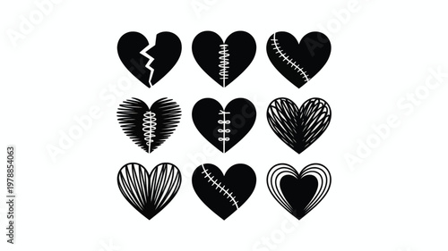 Elegant collection of cracked and shattered heart symbols in vector format, ideal for Valentine's Day, breakup, emotional wellness, and romantic marketing materials.