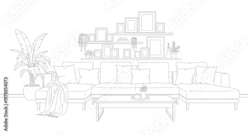 A minimalist living room interior features a sectional sofa floating shelves and botanical elements