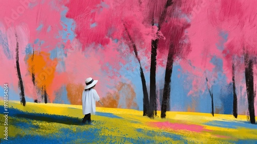 Walking in a Colorful Landscape With Pink Trees and a Bright Sky