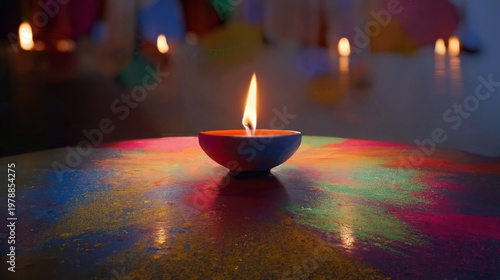 Candle With Flame on Colorful Table During Night Celebration in Festive Setting