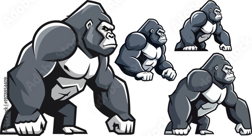 Gorilla icons, cartoon gorilla set, gray animal illustrations, wildlife vector graphics