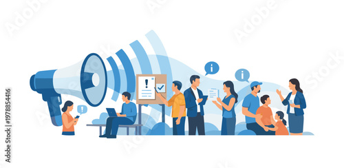 Public announcement and awareness concept illustrating the spread of important updates and information across a community in a structured and visible way, visualized with