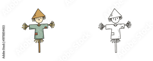 Illustrations of a straw scarecrow in flat green and brown colors and a black line art style with a triangular hat and patched clothes used for protecting garden crops from birds