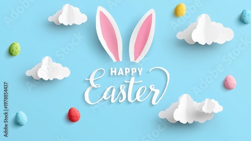White Rabbit With Pink Ears and Colorful Eggs on Blue Background for Easter C...