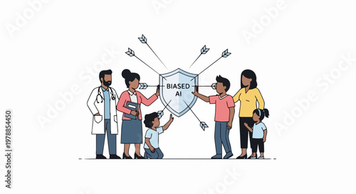 Diverse group protecting shield with biased AI text from arrows, vector illustration. Diverse community defending against algorithmic bias, concept of fairness and ethical technology.