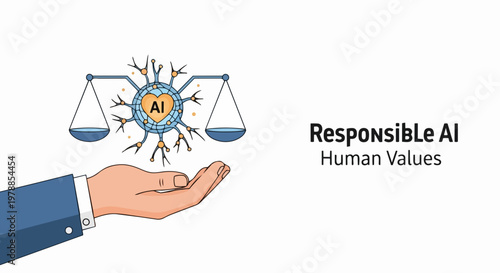 Responsible AI vector illustration balancing human values on scales held by hand, symbolizing ethical artificial intelligence in business and technology.