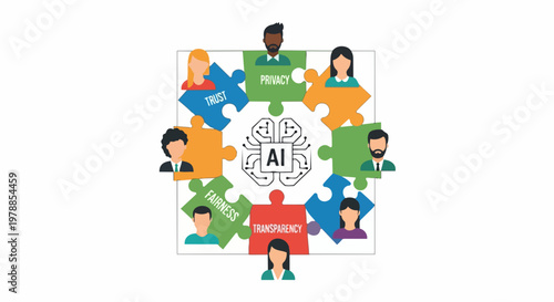 AI ethics concept vector illustration with diverse people and puzzle pieces representing trust, fairness, transparency, and privacy.