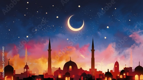 Artistic Night Scene With a Crescent Moon and Silhouette of a City Skyline