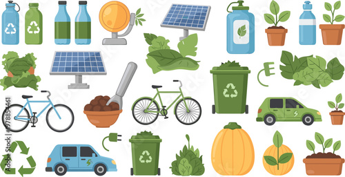 Environmental Sustainability Vector Set Featuring Solar Panels Electric Cars Recycling Bins Bicycles And Green Plants For Renewable Energy Ecology Conservation And Eco Friendly Graphic Designs