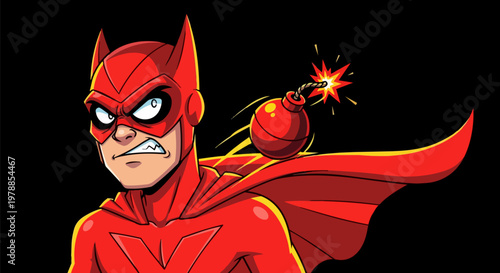 Superhero, cartoon, comic book character, red costume, bomb