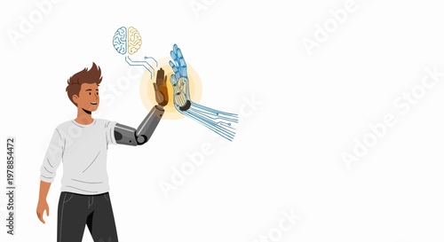 Human hand and robotic arm connecting with brain graphic, illustrating artificial intelligence and human augmentation vector.