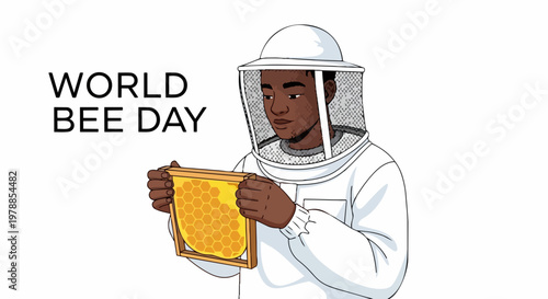 World Bee Day celebration with beekeeper in protective suit holding honeycomb frame, vector illustration for awareness and education.