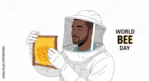 World Bee Day illustration of beekeeper holding honeycomb frame, celebrating pollinators and apiculture. Beekeeper in protective suit examines honey cells, promoting awareness for World Bee Day.