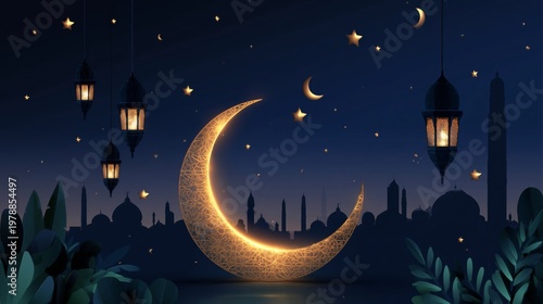 Artistic Night Scene With a Crescent Moon and Silhouette of a City Skyline