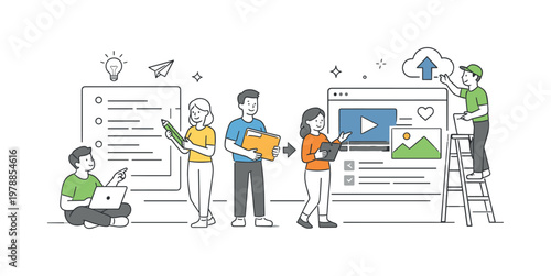 A content creation and publishing concept where individuals transform raw ideas into structured digital outputs for online platforms, depicted through a simple scene with